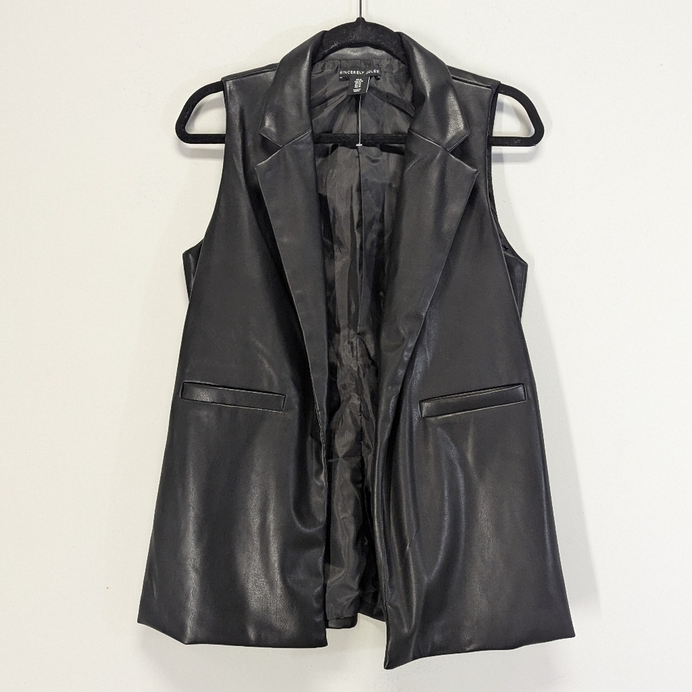 Sincerely Jules Black Faux Leather Vest Long Line Open Front Vegan M Bikercore